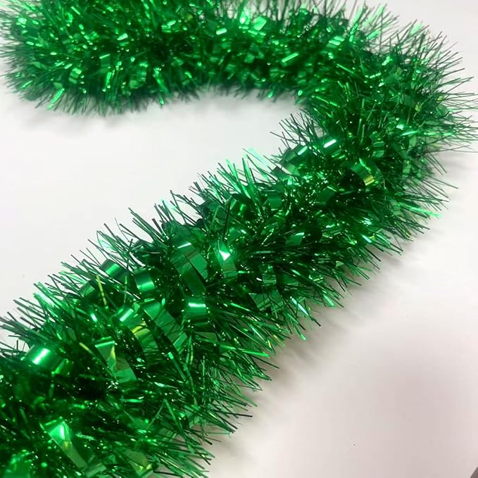 33Ft Christmas Tinsel Garland Shiny Thick Tinsel Xmas Tree Decor Metallic Twist Foil Garland for New Year Parties Birthday Party ST Patricks Day Parade Floats Indoor Outdoor Supplies - Green