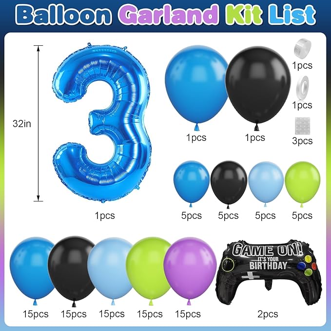 3th Birthday Video Game Balloons Arch, 3th Game Party Balloons Garland Kit 3th Game Birthday Supplies with Blue Number 3 Balloon for 3 Year Old Teens Boys Birthday Decor