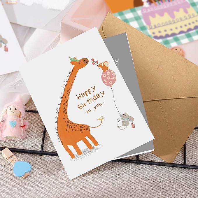 Birthday Cards Bulk for Kids, Cute Animal Birthday Cards, Assorted Happy Birthday Note Cards for Boys Girls, Children Birthday Cards with Envelopes & Stickers - 12 Unique Designs (6 x 4 In, 24 Pack)