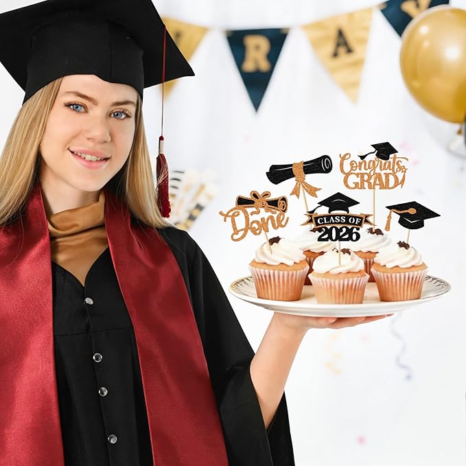 2026 Graduation Cupcake Toppers, 36 pack Orange Glitter Class of 2026 Congrats Grad Diploma Cap Cupcake Picks for 2026 Graduation Party decorating Supplies