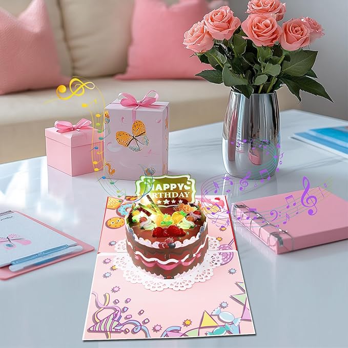 Strawberry Round Cake Music Playing Pop Up Happy Birthday Greeting Card with LED Light, Love Gift for Adult and Kid with Blank Note & Envelope, Celebration for Daughter, Son, Mom, Dad