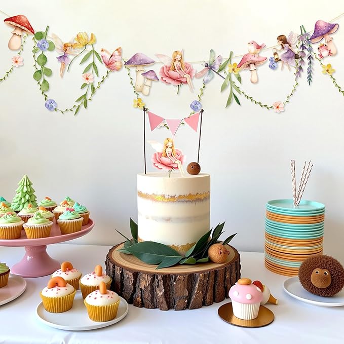 Fairy Party Banner, Fairy First Birthday Party Decorations, Mushroom Flower Banner for Baby Shower Garden First Fairies Tale Theme Girls Birthday Wedding Decor