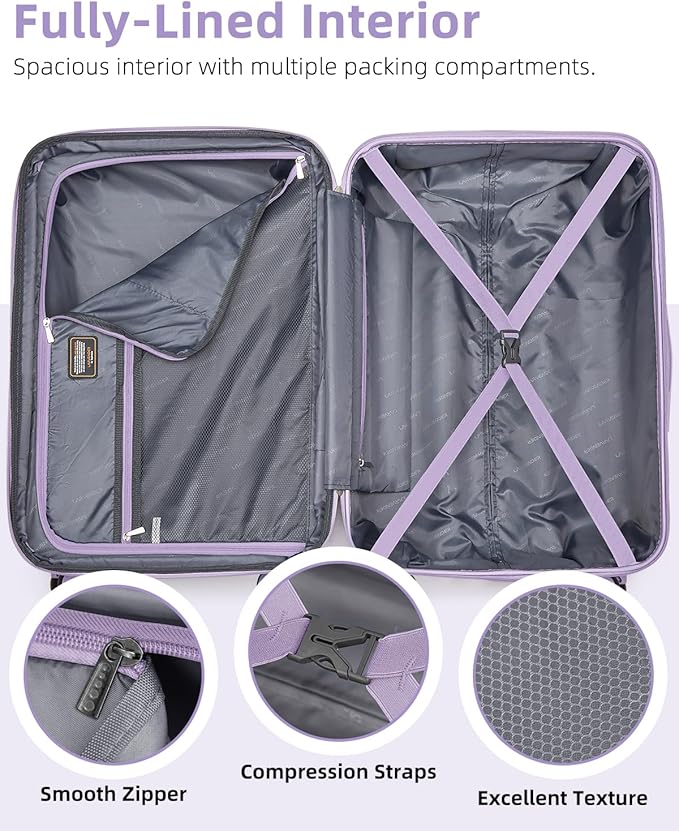 LARVENDER Carry on Luggage 22x14x9 Airline Approved, 20 Inch Hardside Suitcase with Wheels TSA Lock, PC+ABS Lightweight Travel Luggage Sets for Women, Glossy Lavender, 3 Piece Set