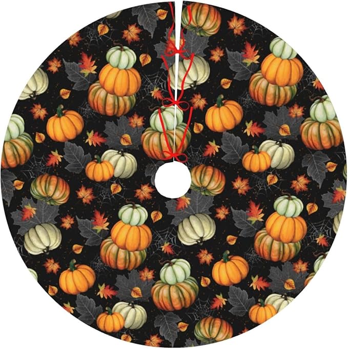 Fall Tree Skirt 48 inch, Thanksgiving Halloween Christmas Tree Skirts Ornaments Decorations, Pumpkin Maple Leaf Spider Web Design for Xmas Party Indoor Outdoor Decor