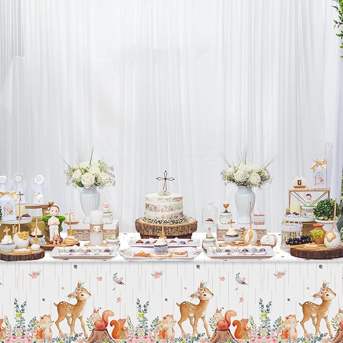 3 Pieces Woodland Tablecloths Baby Shower Decorations for Girl Floral Woodland Creatures Plastic Table Covers Forest Wild Creatures Animal Friends Table Decoration for Birthday Party Supplies