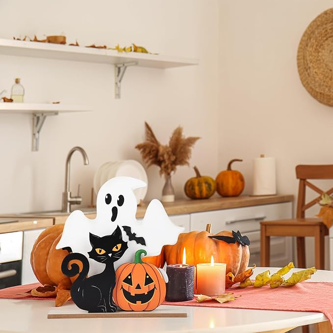 Halloween Decorations Indoor Wooden Black Cat Halloween Decor Ghost Table Sign Pumpkin Table Centerpieces Standing Tabletop Decoration for Holiday Desk Tiered Tray Party Shelf Decorations Farmhouse