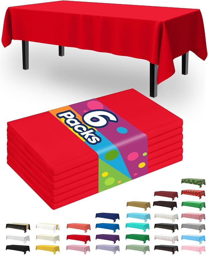 Pureegg Plastic Table Cloth Disposable 6 Pack, 54 x 108 Inch Table Cloths, Valentines Day, Thanksgiving, Christmas Decorations, Fall Tablecloths, Rectangle, Plastic Cover, Waterproof, Red