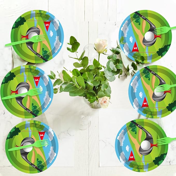Wiooffen 48pcs Golf Party Plates 7" Golf Party Decorations Paper Disposable Dessert Tablewares Golf Balloons themed Sports Party Birthday Supplies Favors