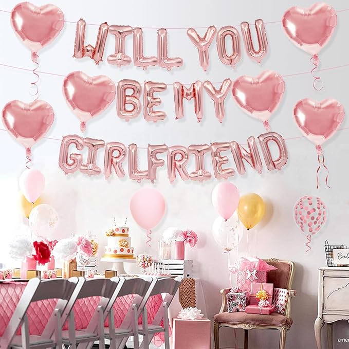 2 Set 16 Inch Rose Gold 'Will You Be My Girlfriend' Balloons Banner with 6 Heart Shaped Balloons for Romantic Decorations, Engagements, Anniversaries, Valentines Day Decor