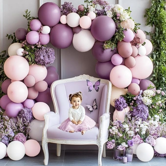 Purple Pink Balloon Arch Kit, Double Stuffed Pastel Pink Lavender White Beige Balloon Garland Dusty Light Lilac Cream Balloons for Birthday Baby Shower Wedding Butterfly Flower Party Decor