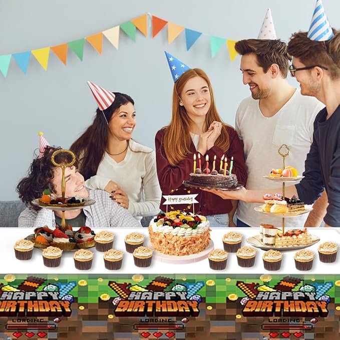Sandbox Game Theme Tablecloth, 3 Pcs Plastic Disposable Pixel Video Game Tablecovers Supplies Rectangle Sandbox Miner Decorations for Birthday Party, Theme Party (White)