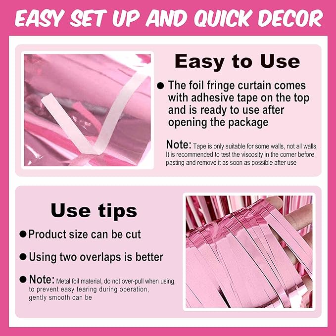 6 Pack Pink Foil Fringe Curtains Backdrop, 3.28 x 9.8 Ft Metallic Streamers Tinsel Curtains Background for Photo Booth, Birthday, Halloween, Christmas, Thanksgiving, New Year Party Decorations