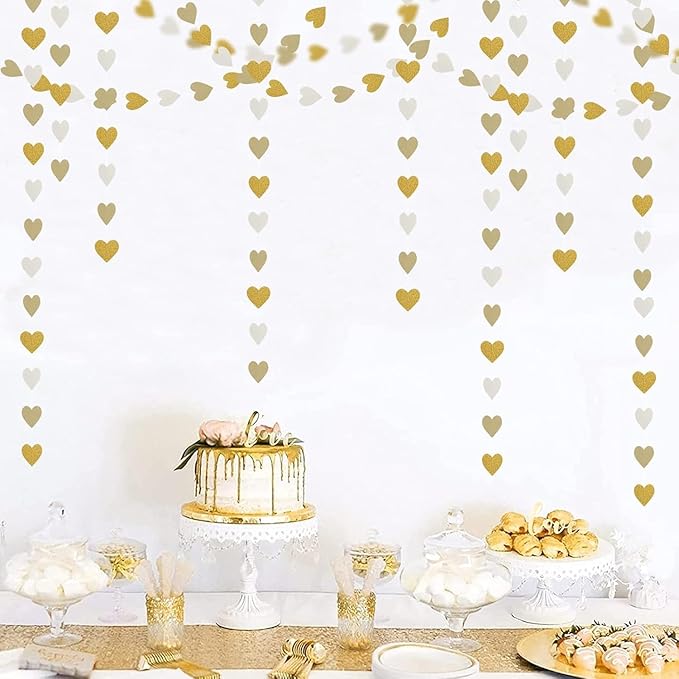 White and Gold Heart Garland Hanging Decorations, 52 Feet, Hanging Streamers for Christmas Party, Wedding, Birthday Parties, Graduations Parties, Valentine, Bridal Showersal (Gold-White Heart)