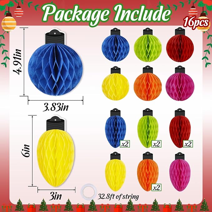 16pcs Christmas Party Decorations Honeycomb Hanging - Paper Ball Light Decor for Tree, Table Centerpieces, Holiday Classroom Supplies