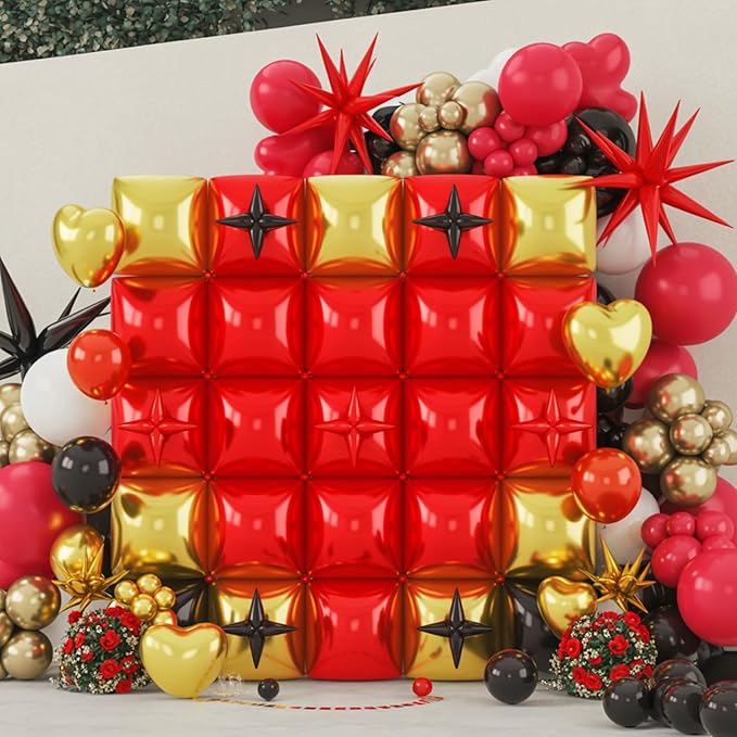 32PCS Black Red Square Foil Balloons Kit, Double Sided Red Black and Metallic Gold Balloon with Star Balloons Backdrop Flat Tunnel for Birthday Graduation Casino Game Race Car Party Decor Background