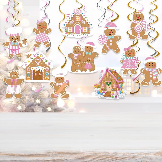 24pcs Pink Gingerbread Party Decorations Hanging Swirls Christmas Gingerbread Streamers Decor for Christmas Birthday Party Supplies