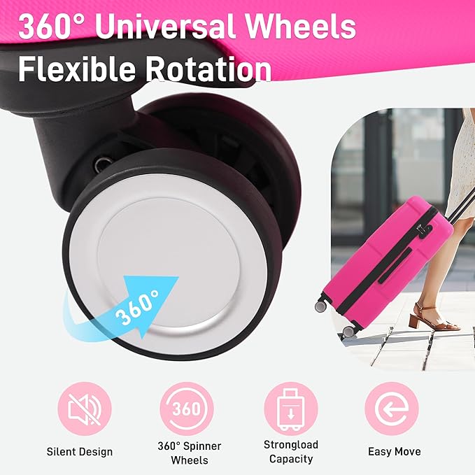 6 Pcs ABS Hardshell Luggage Sets Spinner Wheel Suitcase Lock Suitcases Black Pink