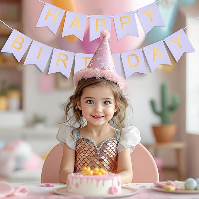 lavender Happy Birthday Banner Purple - Hanging Backdrop Sign with Gold Letters, Happy Birthday Sign Bunting Decorations for Women men Kids Baby Shower Party Supplies (13pcs)