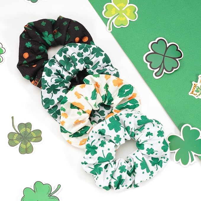 St Patrick's Day Hair Ties for Women Girls Lucky Green Shamrock Hair Scrunchies Irish Elastics Hair Bands Scrunchy Ropes Hair Accessories 4PCS