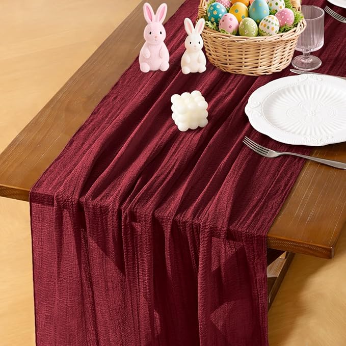 Socomi Burgundy Gauze Cheesecloth Table Runner 120 Inch Rustic Boho Cheese Cloth Runner for Wedding Party Baby Bridal Shower Centerpiece Decoration Holiday Home Decorations