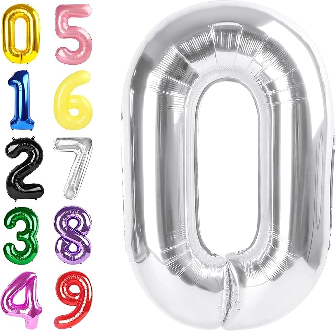 40 Inch Numbers Balloon, Silver Balloons for Birthday Party Decoration, Foil Number 0 Ballon for 10, 20, 30, 100, 2026 Celebration, Birthday, Baby Shower, Anniversary Decor
