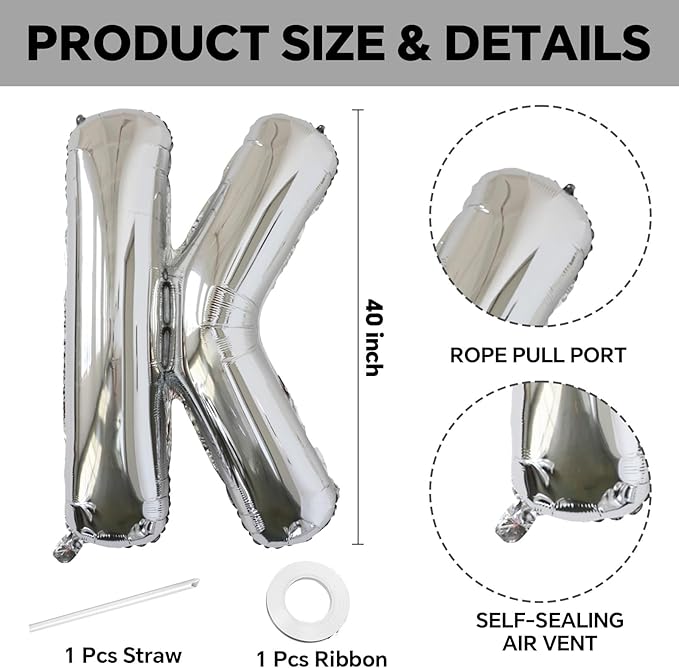 KALOR 40 Inch Silver Letter K Balloons Jumbo Foil Mylar Helium Big Balloons for Birthday Party Anniversary Baby Shower Supplies