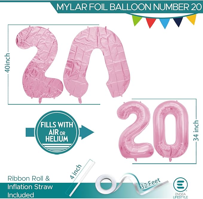 40 Inch Large Pink Number Celebration and Decoration Balloon for Birthday Parties, Graduations, Anniversaries, Weddings, Photo Shoots, Special Events - Helium Foil Mylar (Pink Number 20)