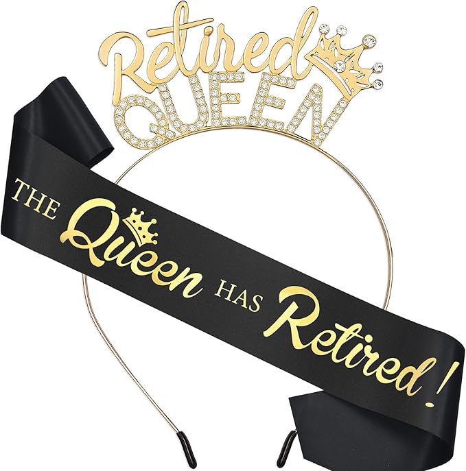 Retirement Gifts for Women - Retired Women Retirement Party Decorations, Black Gold Sash and Tiara -The Queen Has Retired! Queen Theme Party Favors, Rhinestone Headband.