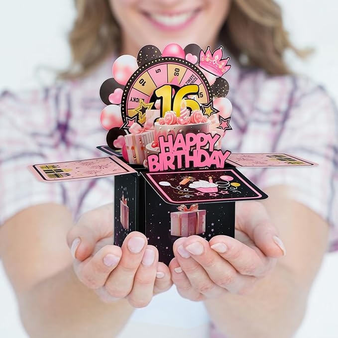 FaCraft Pop Up 16th Birthday Card - Handmade Happy Birthday Pop Up Greeting Cards Gift with Envelope and Blank Insert, Spinning Wheel Design, 16 Year Old Teens, Girls, Daughter