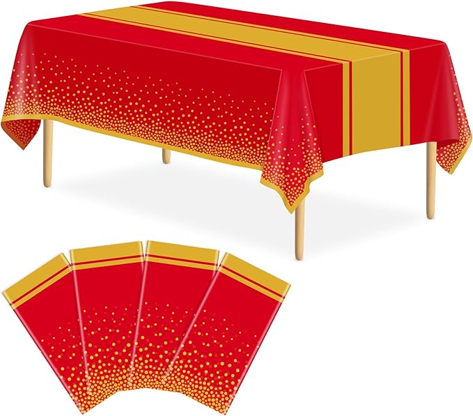 4 Pack Red and Gold Tablecloth Party Decorations Plastic Red Tablecloth Printed Gold Table Runner 54 x108 Inch Disposable Rectangle Table Cover for Birthday Wedding Graduation Anniversary