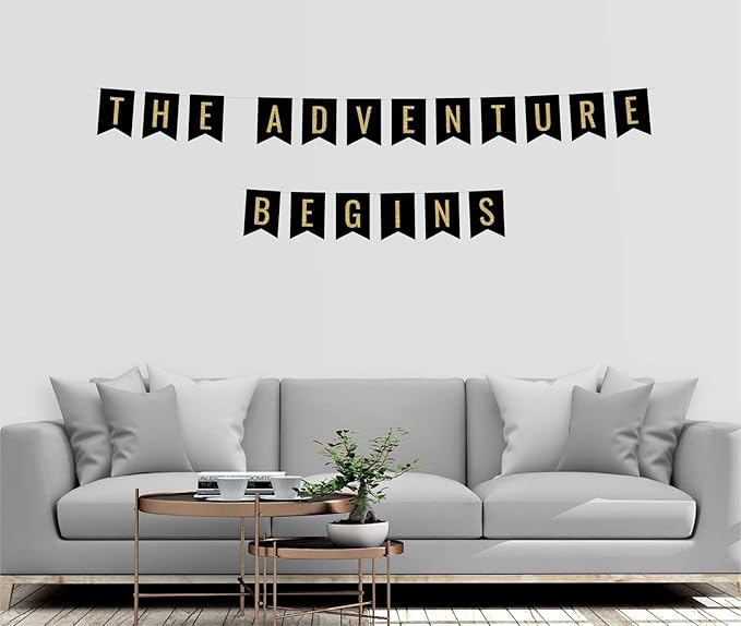 Andaz Press Faux Gold Glitter on Black Funny Retirement Party Banner Decorations, The Adventure Begins, Approx 5-Feet, 1-Set, Birthday Wedding Baby Shower Colored Hanging Pennant Decor