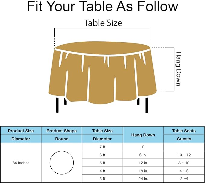 Gold Plastic Tablecloths 2 Pack Disposable Table Covers 84 Inch Circle Bridal Shower Party Tablecovers PEVA Vinyl Table Cloths for BBQ Picnic Birthday Wedding Banquet Parties 6 ft Round Table Use