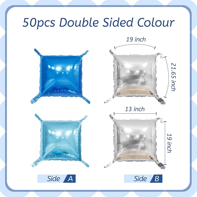 50PCS Blue and Silver Balloon Wall, 19'' Reusable DIY Mylar Double Side Square Balloons Garland Tunnel Arch Kit for Baby Shower Anniversary Bachelorette Birthday Engagement Bridal Decor