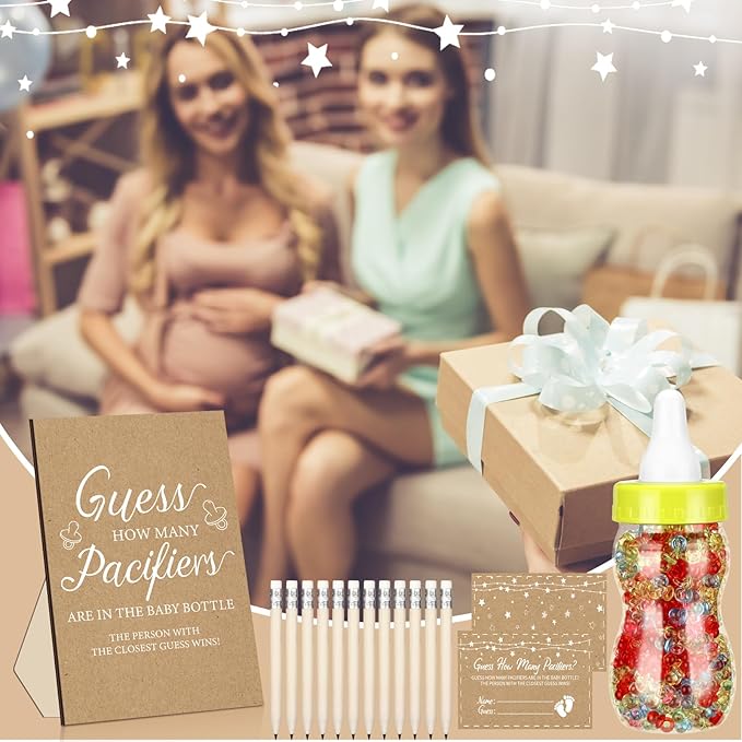 Syhood Kraft Baby Shower Games Guess How Many Pacifiers Rustic Game Sign 50 Small Guessing Games 20 HB Pencils 750 ml Milk Bottle 400 Acrylic Pacifiers Decorations Guests Gender Reveal Party Favors