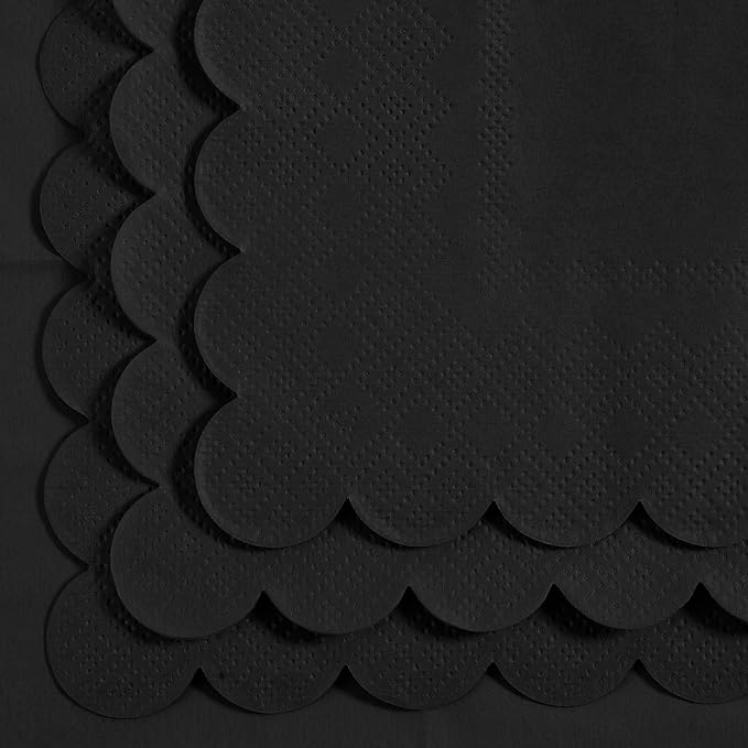 100 Pack Cocktail Napkin 2-Ply Scalloped Edged Dessert Napkins Folded 5 x 5 Inches Disposable Napkins for Dinner Wedding Birthday Party Bridal Anniversary Reception Event (Black)
