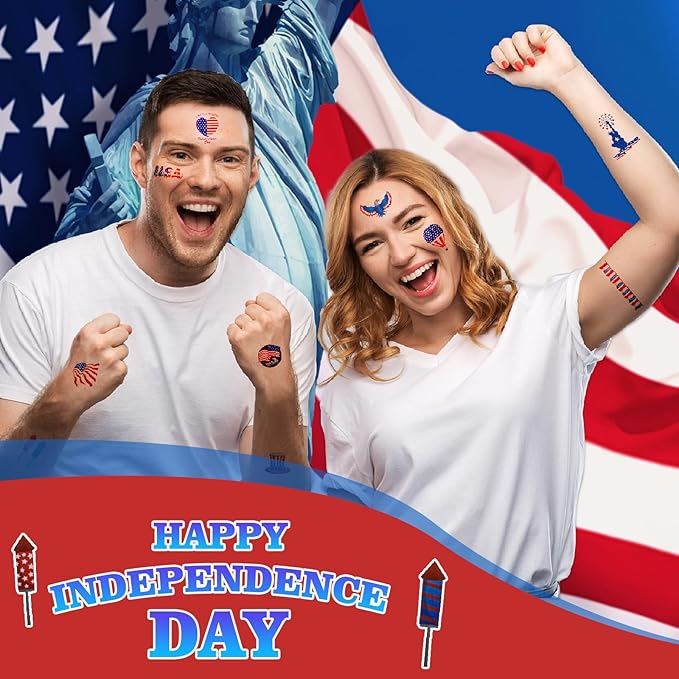 4th of July Temporary Tattoos Party Decoration, American Flag Red White and Blue Patriotic Tattoo, Fourth of July USA Face Tattoo Sticker Party Favors Memorial Veterans Independence Day Accessories