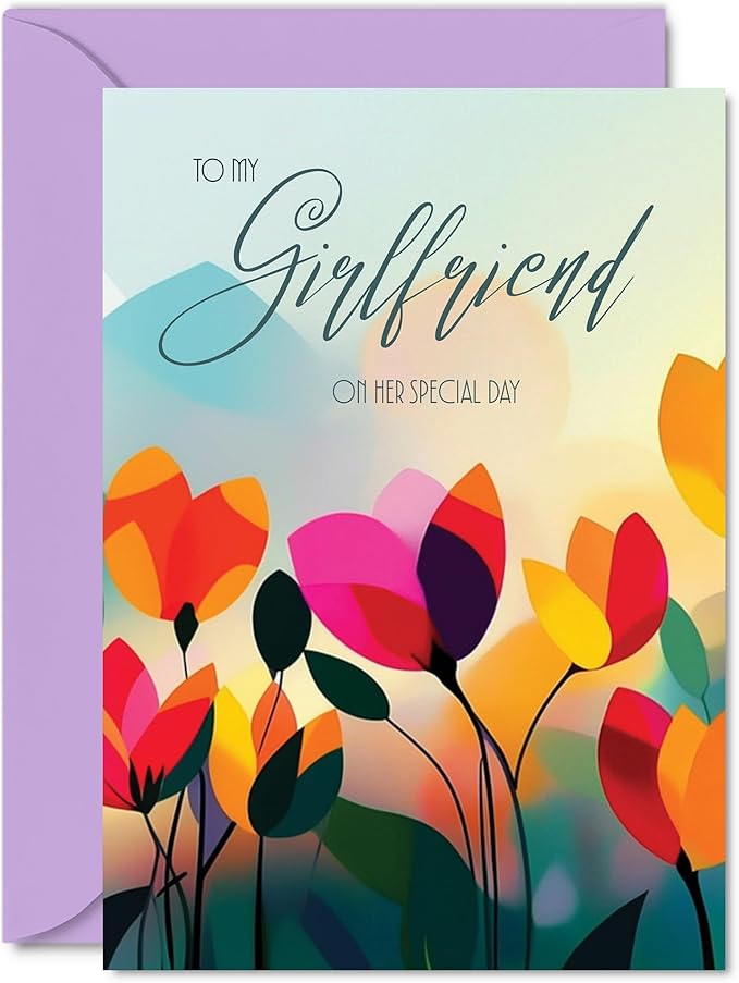 Girlfriend Birthday Card - Vibrant Summer Flowers - Vivid Happy Birthday Card for Girlfriend from Partner Boyfriend, 5x7 Inch Female Floral Bday Golden Greeting Cards