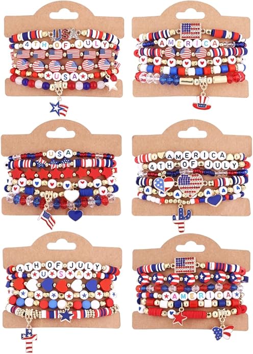 Cooluckday 36 Pcs Holiday Heishi Surfer Bracelets for Women Bulk Easter Mother's Day Christmas St. Patrick's Day Mardi Gras Bracelet Stackable Stretch Friendship Bracelets Set
