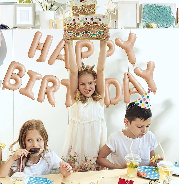 KALOR Beige Happy Birthday Balloons Banner, 16 Inch Mylar Foil Letters Balloon Sign for Birthday Party Decorations Photo Booth Backdrop