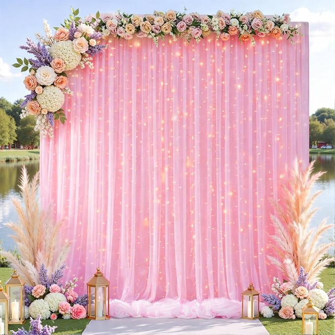 Pink Tulle Backdrop Curtain with String Lights, 2 Panels 5×8FT Sheer Wrinkle-Free Pink Backdrop Drapes for Wedding, Bridal Shower, Birthday, Baby Shower, Princess Party & Photo Booth Decorations