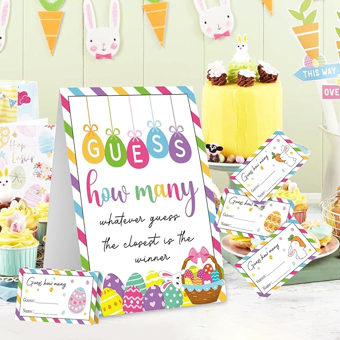COCHIE Spring Easter Game for Family Adults Office Large Groups Party, Easter Egg Guess How Many Games, Spring Families Classroom Activities Game with Guesses Cards - 60 Players (Bunny Eggs)