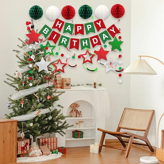 Red Green and White Birthday Decorations,Happy Birthday Banner with Honeycomb-Style Decorative Balls,Feet Circle Dot Garland,Stars Swirls Streamers,Happy Birthday Decorations for Women Men Girls Boys