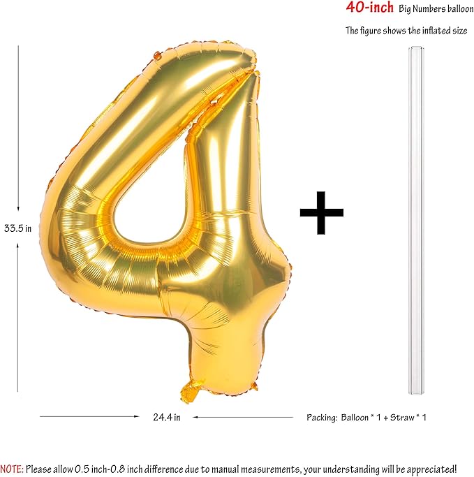 40 Inch Large Gold Number Balloons 4 Aluminum Foil Mylar Big Number Balloons 0-9 Suitable for Gold Birthday Parties, Weddings and Anniversary Photography