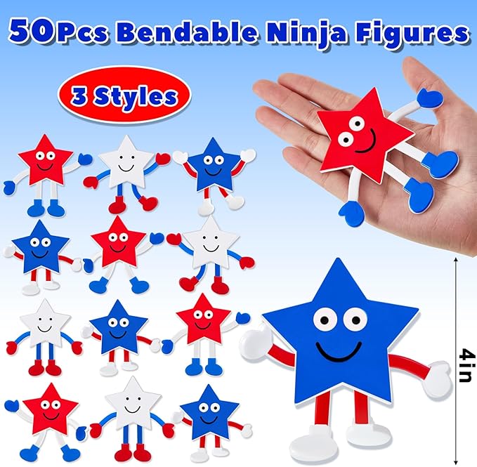 Leitee 24 Pcs Patriotic Bendable Toys Posable 4th of July Parade Independence Day Party Favor Star Character Figures Stress Relief Fidget Toy Gift for Bag Stuffer, 3 Styles