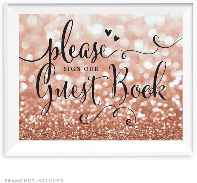 Andaz Press Wedding Party Signs, Glitzy Rose Gold Glitter, 8.5x11-inch, Please Sign our Guestbook, 1-Pack, Bokeh Colored Party Supplies