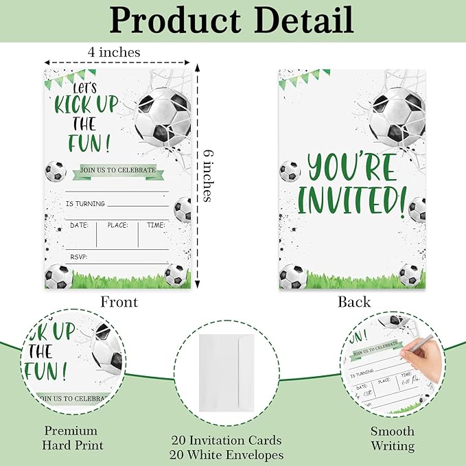 Soccer Birthday Invitations, Let's Kick Up the Fun Invites for Boys Girls, 4 x 6 inch, 20 Pcs Double-Sided Fill In Invitations with Envelopes