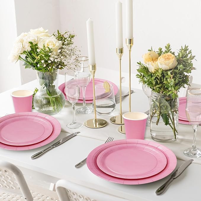 Whaline 100Pcs Valentine's Day Light Pink Tableware Set Wedding Disposable Dinnerware Set 50Pcs Paper Plates 25Pcs Napkins 25Pcs Cups for 25 Guests Wedding Birthday Bride Party Supplies Decorations