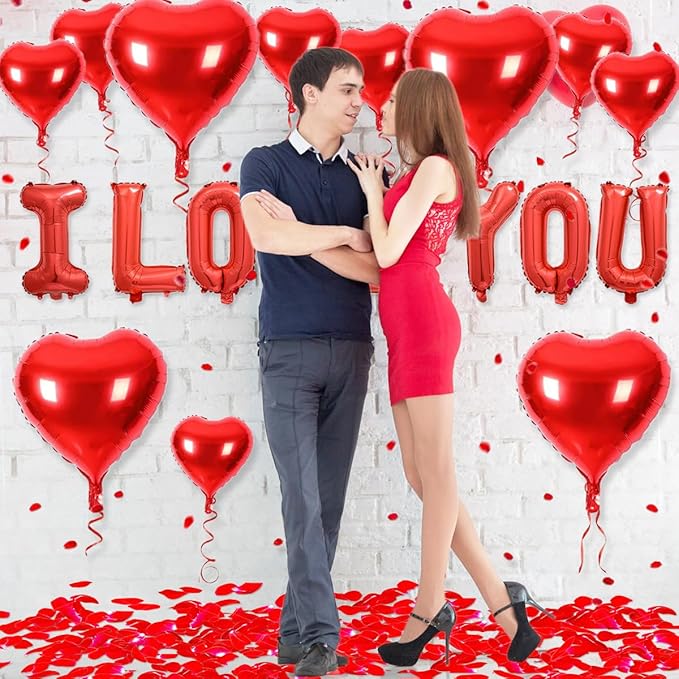 2 set 16 inch I Love You Balloons and Heart Balloons with 500 Pieces Rose Petals, Red I Love You Letter Balloon for Him/Her Valentines Day Decorations Wedding Anniversary Engagement