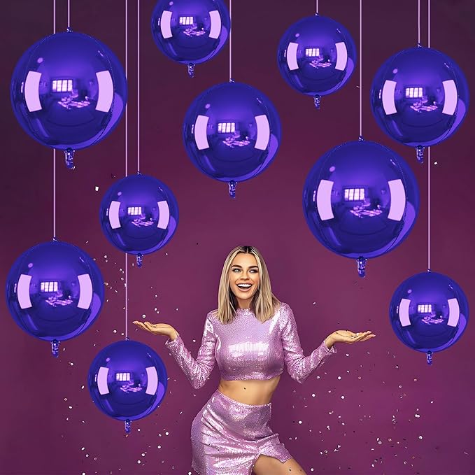 14 Pcs Dark Purple Round Foil Balloons 22/15/10 4D Ball Balloons Purple Metallic Balloon Ornament Mylar Balloon Chrome for Birthday Graduation Wedding Anniversary New Year Disco Party Decor