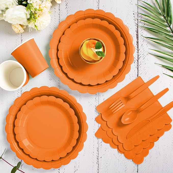 Vyntra 175 Pcs Orange Disposable Paper Plates and Napkins Set for 25, 9" Dinner Plates & 7" Dessert Plates, Tableware for Halloween, Fall Party, Birthday, Picnic